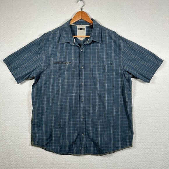 REI Mens Size XL Shirt Short Sleeve Button Front Blue Plaid Y2K Embroidered Sun - Picture 2 of 15